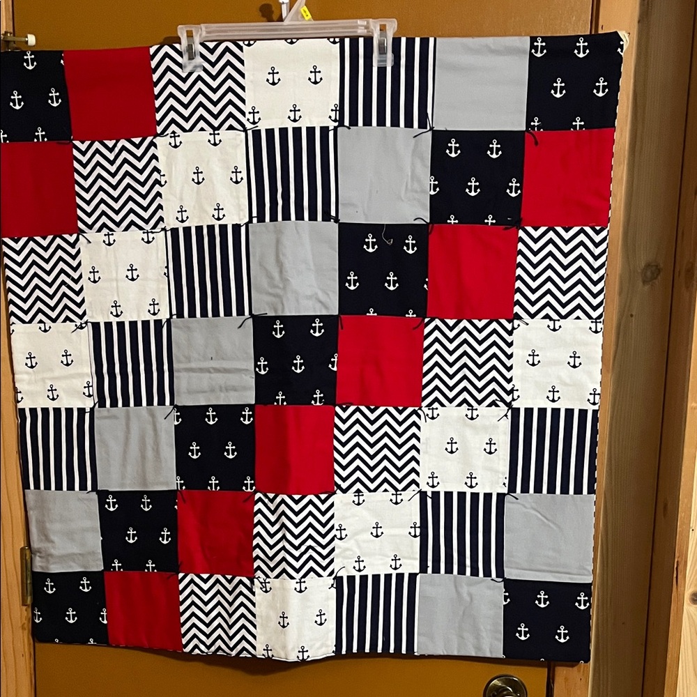 Nautical Anchor Patchwork Crib or Lap Quilt- Red, Navy, White, Gray.